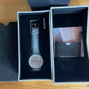 MVMT Stainless Steel Women's Watch with Light Blue Leather Strap.